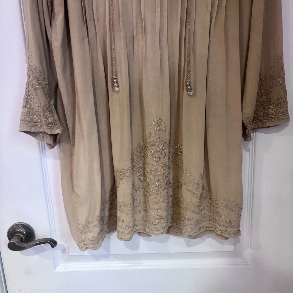 Solitaire Tan Embroidered Rayon Tunic Top Boho Pleated Split Neck Medium